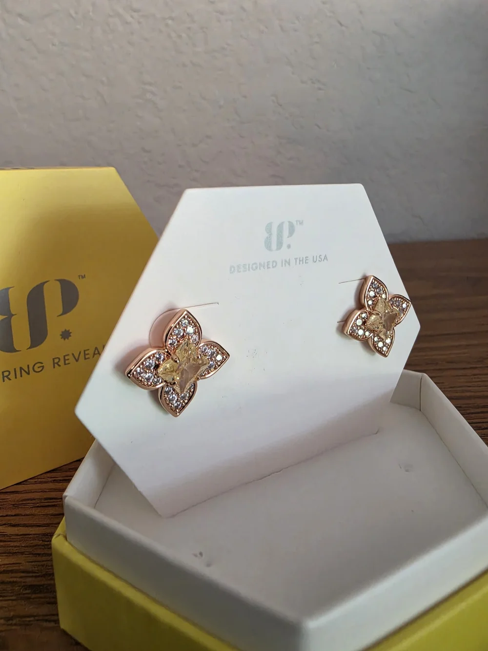 bp Rose Gold Floral Crystal Stud Earrings - Champagne Center